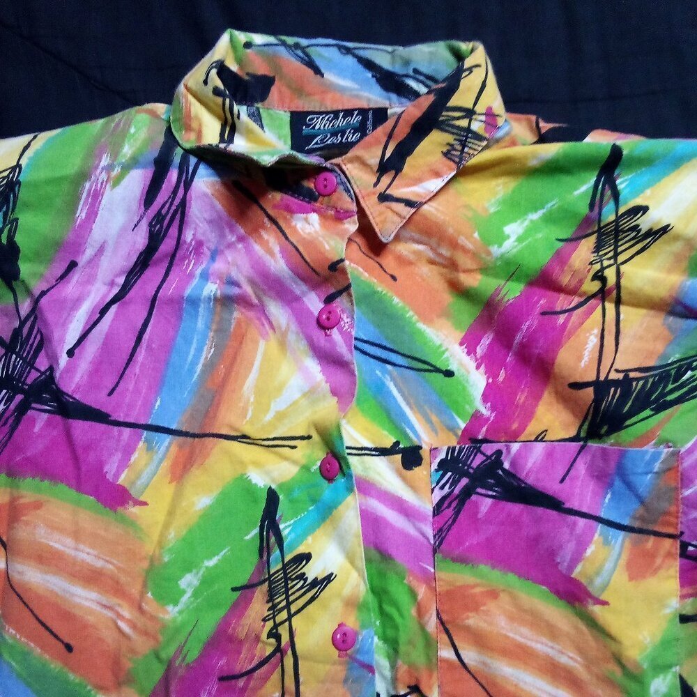 Vintage Michele Leslie Abstract Strokes Rainbow Button Shirt